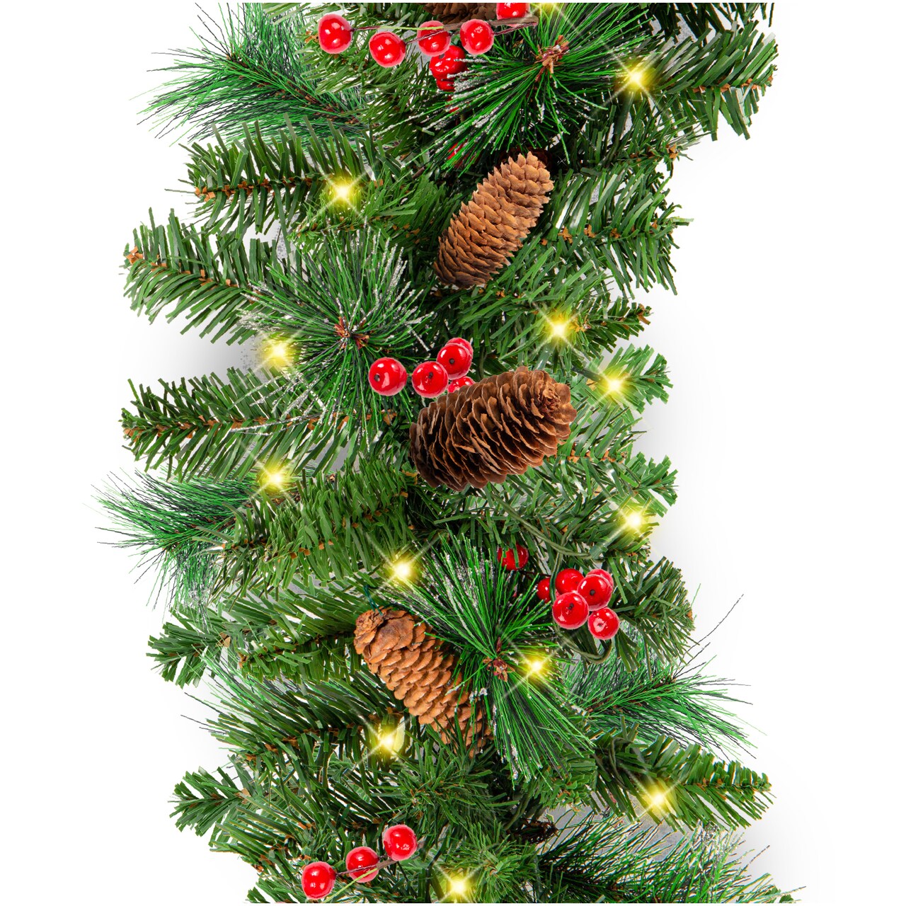 Best Choice Products 9ft Pre-Lit Pre-Decorated Garland w/ PVC Branch Tips, 50 LED Lights, Pine Cones, Berries